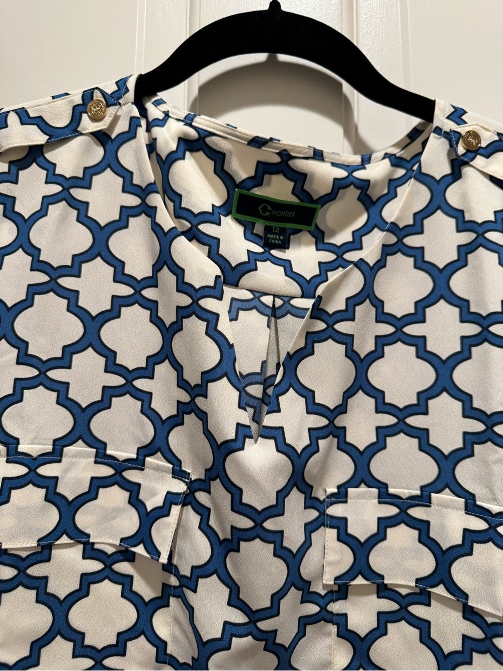 Green Tag Patterned Blouse in Blue and White